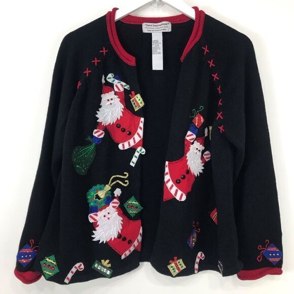 Tiara International Christmas Collection 2004 Black Red Santa Appliqué Cardigan - Picture 5 of 16